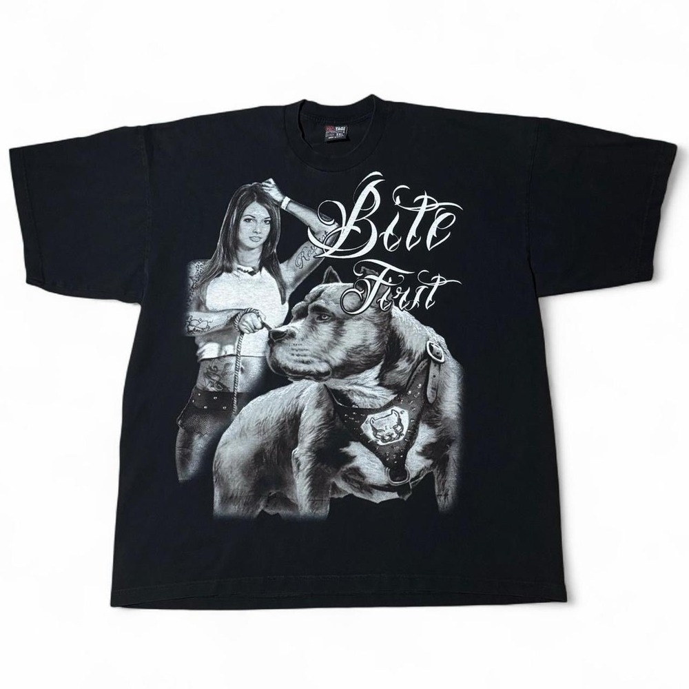 Vintage Y2K Pitbull Chicano Tattoo Babe Dog Bite First Script 3XL T-shirt